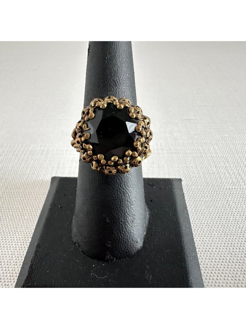 Vintage Brass Filigree Ring Faceted Deep Red Glass Stone Adjustable Size 8